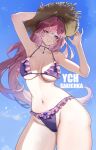  1girl alternate_costume bikini blue_sky blush breasts character_request check_character commentary commission cowboy_shot cyrene_(demiurge)_(honkai:_star_rail) cyrene_(honkai:_star_rail) day english_commentary frilled_bikini frills from_below halterneck hat highres honkai:_star_rail honkai_(series) large_breasts long_hair looking_at_viewer looking_down navel outdoors parted_lips pink_hair pointy_ears purple_bikini purple_eyes sakichka sky smile solo stomach straw_hat string_bikini swimsuit twitter_username ych_commission 