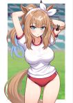  +_+ 1girl almond_eye_(umamusume) animal_ears blue_eyes blush bow bow_hairband braid braided_sidelocks breasts brown_hair buruma colored_inner_hair commentary_request gym_shirt hair_between_eyes hair_ornament hairband hairclip highres horse_ears horse_girl horse_tail large_breasts long_hair looking_at_viewer mag_(magburubon) multicolored_hair parted_lips ponytail red_buruma shirt short_sleeves sidelocks solo symbol-shaped_pupils tail umamusume white_hairband white_shirt x-shaped_pupils 