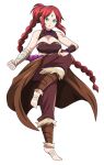  1girl aqua_eyes asymmetrical_gloves bandaged_arm bandaged_foot bandaged_hand bandages bare_shoulders bead_bracelet bead_necklace beads bracelet braid breasts bridal_gauntlets brown_bridal_gauntlets character_request check_character cleavage clenched_hands copyright_request earrings english_commentary feet fighting_stance forehead_jewel fur_trim gloves high_ponytail highres jewelry knee_up large_breasts long_bangs long_hair looking_at_viewer midriff necklace pale_skin parted_lips ponytail red_hair second-party_source shiny_skin shirt single_braid single_bridal_gauntlet solo teeth toenails tongue torn_clothes torn_shirt upper_teeth_only very_long_hair white_background 