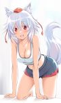  1girl alternate_costume animal_ears black_shorts blush breasts cleavage collarbone commentary_request hair_between_eyes hat highres inubashiri_momiji large_breasts looking_at_viewer medium_hair midriff navel nori_tamago open_mouth red_eyes red_hat shadow shorts smile solo tail tank_top thighs tokin_hat touhou white_tank_top wolf_ears wolf_girl wolf_tail 