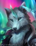  2020 anthro bust_portrait canid canine canis cheek_tuft chest_tuft clothed clothing facial_markings facial_tuft fluffy fur head_markings hi_res horn light lighting mammal markings portrait rhythmpopfox solo tuft white_body white_fur wolf 