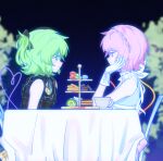  2girls alternate_costume black_bow black_shirt blue_shirt blurry bow chair chinese_commentary commentary_request cup depth_of_field eye_contact food food_request from_side gloves green_eyes green_hair hair_bow heart heart_of_string komeiji_koishi komeiji_satori looking_at_another macaron multiple_girls on_chair pink_eyes pink_hair saucer shirt short_hair siblings simple_background sisters sitting sleeveless sleeveless_shirt table takki_(takkiko) teacup tiered_tray touhou touhou_hero_of_ice_fairy white_gloves 