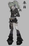  1girl aqua_hair belt black_belt black_boots black_jacket black_leg_warmers black_skirt blue_eyes boots clothes_writing collar commentary_request full_body fur-trimmed_skirt fur_trim grey_background grey_collar hair_between_eyes hand_in_pocket hatsune_miku headphones highres jacket leather leather_jacket leg_warmers miniskirt multicolored_hair pantyhose pink_streaks simple_background skirt solo streaked_hair striped_clothes striped_thighhighs thighhighs thighhighs_over_pantyhose torn_clothes torn_pantyhose twintails vocaloid zhibuji_loom 