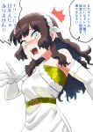  1girl ^^^ belt black_hair commentary_request dress elbow_gloves gloves green_belt green_eyes hair_down hairband highres kantai_collection long_hair mogador_(anniversary)_(kancolle) mogador_(kancolle) nekotarou_(nktr299) simple_background solo translation_request upper_body white_background white_dress white_gloves white_hairband 