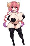  1girl absurdres black_gloves black_panties black_thighhighs breasts cleavage dragon_girl dragon_horns elbow_gloves fang full_body gloves grabbing_own_breast heart_pasties highres horns huge_breasts iggybomb ilulu_(maidragon) kobayashi-san_chi_no_maidragon long_hair looking_at_viewer open_mouth panties pasties red_eyes simple_background slit_pupils smile solo thighhighs tiptoes twintails underwear white_background 
