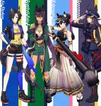  4girls adjusting_clothes adjusting_gloves air_shakur_(umamusume) air_shakur_(unsigned)_(umamusume) animal_ears ascot bandeau bare_shoulders black_boots black_choker black_gloves black_hair black_jacket black_nails black_pants black_shirt black_shorts blue_eyes blush boots breasts bright_pupils calligraphy_brush cellphone character_name choker cleavage closed_mouth collarbone commentary_request cropped_jacket dark-skinned_female dark_skin detached_sleeves ear_chain ear_covers earrings ears_through_headwear elbow_gloves eyebrow_piercing face_piercing fenomeno_(black_flames_of_the_righteous_spirit)_(umamusume) fenomeno_(umamusume) fingerless_gloves flipped_hair full_body gloves green_jacket green_shorts hair_between_eyes hair_bun hair_ornament hakama hakama_skirt hand_on_own_hip hat hi_(ibisf5umauma) highres holding holding_phone horse_ears horse_girl horse_tail horseshoe_hat_ornament horseshoe_ornament ink ink_stain jacket japanese_clothes jewelry katsuragi_ace_(pen_name:_ink_dragon)_(umamusume) katsuragi_ace_(umamusume) linked_piercing long_hair long_sleeves looking_at_viewer medium_breasts midriff multicolored_hair multiple_girls multiple_views nail_polish navel official_alternate_costume official_alternate_hairstyle open_clothes oversized_object paintbrush pants parted_lips peaked_cap phone piercing ponytail purple_eyes purple_hair salute shirt shoes short_sleeves shorts simple_background single_earring single_thighhigh skirt sleeveless sleeveless_shirt small_breasts smartphone smile socks split_ponytail standing streaked_hair symboli_kris_s_(onyx_soldier)_(umamusume) symboli_kris_s_(umamusume) tabi tail tassel tassel_hair_ornament thigh_strap thighhighs umamusume white_ascot white_background white_bandeau white_gloves white_hair white_socks yellow_eyes yellow_shirt 