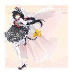  1girl animal_ears black_hair bow commentary_request frilled_skirt frills hair_ornament highres korean_clothes kumosato long_hair looking_at_viewer open_mouth original shoes skirt smile tail tail_bow tail_ornament thighhighs tiger_ears tiger_girl tiger_tail white_thighhighs yellow_bow yellow_eyes 