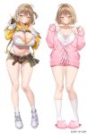  1girl ahoge animal_slippers anis_(nikke) anis_(star)_(nikke) bandeau blush breasts brown_eyes brown_hair cat_hair_ornament cat_ornament cat_slippers cleavage commentary_request fingerless_gloves gloves goddess_of_victory:_nikke green_shorts hair_ornament highres large_breasts looking_at_viewer navel open_mouth popqn short_hair shorts shrug_(clothing) single_fingerless_glove slippers smile solo white_bandeau yellow_shrug 