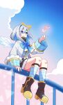  1girl amane_kanata amane_kanata_(1st_costume) angel angel_wings armband asymmetrical_bangs asymmetrical_hair bell_sleeves blue_bow blue_bowtie blue_eyes blue_hair blush bob_cut bow bowtie colored_inner_hair commentary_request dragon feathered_wings feathers frilled_sleeves frills gradient_eyes grey_hair hair_between_eyes halo highres hololive jacket long_sleeves medium_hair miniskirt multicolored_eyes multicolored_hair musical_note ohu_(kagemaru) open_mouth outdoors parted_bangs pink_hair purple_eyes short_hair single_hair_intake skirt sleeves_past_wrists smile solo virtual_youtuber white_feathers wings 