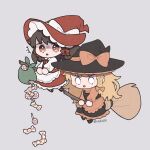  2girls apron black_dress blonde_hair bow broom broom_riding brown_hair candy chibi commentary_request dress food grey_background hair_bow hakurei_reimu halloween halloween_costume hat hat_bow highres kirisame_marisa lollipop multiple_girls orange_apron orange_bow orange_shirt red_dress red_hat sack shirt swirl_lollipop torn_sack touhou uzuki_(amayadori) white_apron witch_hat 