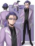  1boy absurdres artist_name black_gloves black_pants blue_eyes character_name galarian_articuno glasses gloves grey_necktie grey_vest highres jacket male_focus mielthemouse multiple_views necktie pants personification pokemon purple_hair purple_jacket reference_inset short_hair vest 