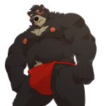  1:1 2020 absurd_res anthro asian_clothing black_body black_fur blush bulge clothing east_asian_clothing fundoshi fur hi_res humanoid_hands japanese_clothing jumperbear kemono male mammal musclegut scar simple_background solo underwear ursid white_background 