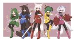  5girls absurdres alternate_costume animal_ear_fluff animal_ears belt blue_boots blue_dress boots brown_hair claw_(weapon) commentary dog_ears dog_girl dog_tail dress english_commentary full_body green_boots green_dress green_eyes green_hair grey_hair halberd highres holding holding_polearm holding_sword holding_weapon horns imaizumi_kagerou inubashiri_momiji kasodani_kyouko kokowoch komano_aunn leg_up long_hair looking_at_viewer mitsugashira_enoko multiple_girls multiple_tails pink_boots pink_dress polearm power_rangers red_boots red_dress red_eyes single_horn sword tail touhou very_long_hair weapon white_belt wolf_girl wolf_tail yellow_boots yellow_dress 