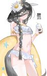  1girl absurdres animal_ears bikini black_hair blush braid braided_ponytail breasts closed_mouth commentary cup disposable_cup drinking_straw english_commentary flower hair_between_eyes hair_flower hair_ornament highres holding holding_cup holding_swim_ring horse_ears horse_girl horse_tail long_bangs long_hair long_hair_between_eyes looking_at_viewer manhattan_cafe_(umamusume) navel small_breasts solo stomach swim_ring swimsuit tail umamusume very_long_hair wazawai_(isotwen) white_bikini x_hair_ornament yellow_eyes 