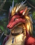  2020 anthro barbel_(anatomy) bust_portrait cheek_tuft collar crystal detailed detailed_background detailed_fur dragon facial_tuft flesh_whiskers fur furred_dragon horn light lighting outside portrait red_body red_fur rhythmpopfox signature solo text tree tuft 