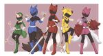 5girls absurdres alternate_costume belt blue_boots blue_dress boots claw_(weapon) commentary dog_girl dog_tail dress english_commentary full_body green_boots green_dress halberd helmet highres holding holding_polearm holding_sword holding_weapon hood hood_up imaizumi_kagerou inubashiri_momiji kasodani_kyouko kokowoch komano_aunn leg_up looking_at_viewer mitsugashira_enoko multiple_girls multiple_tails pink_boots pink_dress polearm power_rangers red_boots red_dress sword tail touhou weapon white_belt wolf_girl wolf_tail yellow_boots yellow_dress yellow_hood 