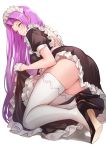  1girl ass bangs black_dress blush breasts dress fate/stay_night fate_(series) forehead frills gloves high_heels highres large_breasts legs long_hair looking_at_viewer looking_back maid maid_headdress nr_noir parted_bangs puffy_short_sleeves puffy_sleeves purple_eyes purple_hair rider short_sleeves thighhighs very_long_hair white_gloves white_legwear 