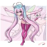  1girl :d \||/ ahoge aldharoku alternate_color antennae aqua_eyes aqua_hair artist_name blush boots breasts cameltoe celebi celebi_(cosplay) closed_mouth colored_skin commentary cosplay crossed_ankles dot_nose double_\||/ elbow_gloves fairy_wings gloves gradient_hair hair_between_eyes hair_intakes hatsune_miku highres leaning_forward leotard long_hair looking_at_viewer medium_breasts multicolored_hair open_mouth outstretched_arms pink_boots pink_gloves pink_hair pink_leotard pink_skin pokemon shiny_pokemon side-tie_leotard sidelocks signature skindentation smile standing thigh_boots twintails very_long_hair vocaloid white_background wings zoom_layer 
