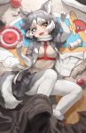  1girl :d animal_ear_fluff animal_ears between_breasts blue_eyes blush boots breasts commentary dog_(mixed_breed)_(kemono_friends) dog_ears dog_girl dog_tail eyebrows_visible_through_hair frisbee from_above full_body fur-trimmed_boots fur-trimmed_sleeves fur_trim gloves grey_hair grey_skirt harness heterochromia highres japari_symbol kemono_friends looking_at_viewer lying medium_hair melaton multicolored_hair on_back open_mouth pantyhose paw_pose short_sleeves skirt smile solo tail two-tone_hair upper_teeth white_gloves white_hair white_legwear yellow_eyes 