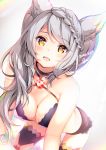  1girl all_fours animal_ears braid dated erune fraux gem granblue_fantasy grey_hair highres long_hair micro_shorts pilokey shorts signature thighhighs yellow_eyes 