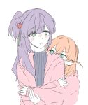  2girls black_sweater bloom_garden_party_jacket blush cerise_bouquet commentary flower green_eyes hair_bun hair_flower hair_ornament hinoshita_kaho hood hooded_jacket hug hug_from_behind jacket love_live! love_live!_hasu_no_sora_jogakuin_school_idol_club love_live!_hasu_no_sora_jogakuin_school_idol_club_bloom_garden_party multiple_girls nose_blush open_clothes open_jacket open_mouth otomune_kozue pano_(pannnnnol) pink_jacket purple_hair red_flower ribbed_sweater side_ponytail sidelocks single_side_bun smile sweater two_side_up virtual_youtuber yuri 
