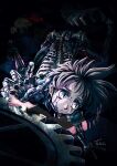  1girl absurdres all_fours android arm_support arm_up blue_eyes bottomless cable commentary_request coon_bear cracked_eyes cracked_face cracked_skin dark doll gears grey_hair highres key_the_metal_idol legs_apart looking_at_viewer looking_up mechabare mima_tokiko outstretched_arm parted_lips reaching reaching_towards_viewer ribs shirt short_hair short_sleeves solo spiked_hair spine tile_floor tiles torn_clothes 