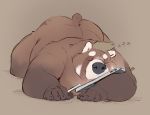  2020 all_fours anthro ass_up brown_body brown_fur brown_hair butt eyes_closed fur hair hi_res lying male mammal minedoo nude on_front on_ground overweight overweight_anthro overweight_male simple_background sleeping solo sound_effects tablet tablet_computer tabletop ursid zzz 