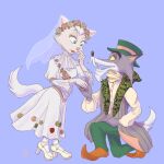 2025 age_difference alejandro_(shima_spain_village) anthro anthro_on_anthro blue_eyes bottomwear bride canid canine canis clothed clothed_anthro clothed_female clothed_male clothing digital_drawing_(artwork) digital_media_(artwork) dipstick_tail domestic_cat dulcinea_(shima_spain_village) duo elderly_anthro elderly_male eyelashes facial_hair felid feline felis female female_anthro flower flower_crown footwear fully_clothed fur goatee green_bottomwear green_clothing green_hat green_headwear green_pants grey_body grey_fur hand_holding hat headgear headwear hi_res high_collar high_heels kneeling lunakichi male male/female male_anthro mammal markings monotone_background mustache older_male pants plant purple_background shaded shima_spain_village_parque_espana shirt shoes simple_background soft_shading standing surprised tail tail_markings topwear veil white_body white_clothing white_footwear white_fur white_high_heels white_shirt white_tail white_tail_tip white_topwear wolf yellow_sclera younger_female