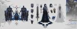  1girl absurdly_long_hair absurdres age_comparison armor black_dress black_hair blue_eyes breasts clawed_gauntlets colored_inner_hair couter cropped_head crown dress exposed_bone expressionless full_body gebijiade_89 hair_over_one_eye highres long_hair looking_at_viewer medium_breasts multicolored_hair multiple_views one_eye_covered original pauldrons reference_sheet scar scar_on_face shoulder_armor single_pauldron single_rerebrace skull spiked_pauldrons spikes undead very_long_hair 