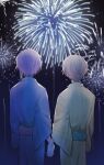  2boys aerial_fireworks aqua_sash black_sky blue_kimono blue_sky clear_sky commentary_request facing_away fireworks from_behind gradient_sky holding_hands japanese_clothes kaito_pookawaii kamishiro_rui kimono long_sleeves male_focus multiple_boys muted_colors night obi orange_hair outdoors project_sekai purple_hair purple_sash sash short_hair sky tenma_tsukasa very_short_hair wide_sleeves yaoi yellow_kimono yukata 