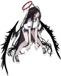  1girl absurdly_long_hair black_hair black_nails black_wings blood blood_halo blue_archive blue_shoes blue_shorts blue_trim breasts choker constricted_pupils cross-laced_shoes fang feathered_wings full_body game_asset gym_uniform halo head_tilt highres large_breasts large_variant_set leaning_forward liquid_halo long_hair looking_afar melting_halo messy_hair mx2j official_art open_mouth red_choker red_eyes red_halo shirt shoes short_shorts short_sleeves shorts sidelocks simple_background sneakers solo standing tachi-e teeth third-party_source tongue transparent_background tsurugi_(blue_archive) variant_set very_long_hair white_shirt wings 