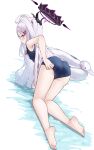  1girl absurdres adjusting_clothes adjusting_swimsuit ahoge black_halo blue_archive blue_one-piece_swimsuit blush breasts commentary demon_girl demon_horns duck_innertube from_behind hair_ornament hairclip halo highres hina_(blue_archive) hina_(swimsuit)_(blue_archive) horns innertube long_hair looking_at_viewer loushao multiple_horns official_alternate_costume one-piece_swimsuit purple_eyes school_swimsuit small_breasts solo swim_ring swimsuit turning_head whistle whistle_around_neck white_hair 
