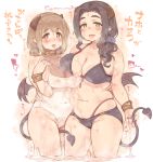  2girls 7010 bangs bare_shoulders bikini black_hair black_swimsuit blush bracelet breasts brown_eyes brown_hair cameltoe cleavage collarbone covered_nipples demon_girl demon_horns demon_tail demon_wings ebihara_naho eyebrows_visible_through_hair flower green_eyes hair_between_eyes hair_flower hair_ornament hair_over_shoulder halter_top halterneck heart highres horns idolmaster idolmaster_cinderella_girls jewelry large_breasts looking_at_viewer mimura_kanako multiple_girls one-piece_swimsuit open_mouth plump pointy_ears pubic_hair red_nails short_hair simple_background skindentation smile standing swimsuit tail tongue tongue_out translation_request twintails white_swimsuit wings 