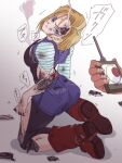  1girl android android_18 black_pants black_shirt blonde_hair blue_eyes blue_shorts blue_vest brown_shoes controller cracked_skin damaged denim denim_shorts denim_vest dragon_ball dragon_ball_z highres holding holding_controller holding_remote_control kneeling koube_masahiko looking_at_viewer mechabare mechanical_arms pants remote_control shirt shoes short_hair shorts striped_clothes striped_shirt vest white_shirt 