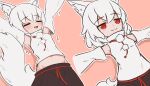  1girl absurdres animal_ears black_skirt closed_eyes closed_mouth commentary detached_sleeves english_commentary grey_hair highres inubashiri_momiji kokowoch midriff missing_headwear navel open_mouth outstretched_arms pom_pom_(clothes) red_eyes skirt smile spread_arms stretching tail touhou wolf_ears wolf_girl wolf_tail 