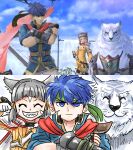  1boy 1girl blue_eyes blue_hair closed_eyes closed_mouth crossed_arms dromarch_(xenoblade) fire_emblem fire_emblem:_path_of_radiance game_screenshot_inset green_headband grey_hair grin headband highres ike_(fire_emblem) kicdon nia_(xenoblade) paw_pose screenshot_inset short_hair smile super_smash_bros. xenoblade_chronicles_(series) xenoblade_chronicles_2 
