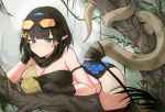  1girl absurdres arknights arm_strap bandeau bangs black_gloves black_hair black_scarf blue_eyes blue_hairband blunt_bangs breasts cleavage commentary_request eunectes_(arknights) eyebrows_visible_through_hair gloves goggles goggles_on_head hairband highres large_breasts looking_at_viewer mango_(mgo) pointy_ears scarf short_hair snake_tail solo strapless tail tubetop 
