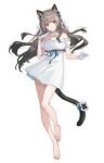  1girl :3 animal_ears bare_shoulders barefoot blue_eyes bow braid breasts brown_hair cat_ears cat_girl cat_tail commentary criss-cross_halter dress flower full_body gloves hair_bow hair_flower hair_ornament halterneck long_hair looking_at_viewer medium_breasts nagu off-shoulder_dress off_shoulder original simple_background smile solo tail tail_flower tail_ornament untranslatable_commentary white_background white_dress white_gloves 