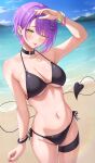  1girl :p ;p absurdres alternate_breast_size_(larger) armpits beach bikini black_bikini black_choker breasts choker cleavage commentary_request cowboy_shot day demon_girl demon_tail ear_piercing earrings gradient_hair green_eyes hair_ornament hairclip halterneck highres hololive jewelry looking_at_another looking_at_viewer medium_breasts multicolored_hair navel navel_piercing o-ring o-ring_top one_eye_closed outdoors piercing pink_hair pointy_ears purple_hair shinigami_kiraki short_hair side-tie_bikini_bottom sky solo spiked_ear_piercing stomach string_bikini swept_bangs swimsuit tail tail_ornament tail_piercing thigh_strap tokoyami_towa tongue tongue_out virtual_youtuber x_hair_ornament 
