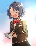  1girl black_jacket black_shirt black_skirt blazer blue_background blue_hair bow bowtie braid camcorder camera collared_shirt commentary_request gradient_background highres holding holding_camera jacket kanduki_kamibukuro kurumibashi_school_uniform love_live! love_live!_hasu_no_sora_jogakuin_school_idol_club love_live!_hasu_no_sora_jogakuin_school_idol_club_bloom_garden_party pink_background pleated_skirt red_bow red_bowtie reisawa_aoi school_uniform shirt short_hair side_braid skirt solo undershirt video_camera white_shirt 