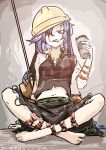  1girl absurdres artist_name barefoot black_shirt black_skirt breasts commentary_request cup dated disposable_cup hard_hat hat helmet highres himemushi_momoyo holding holding_cup long_hair looking_at_viewer midriff navel one-hour_drawing_challenge purple_eyes purple_hair sharp_teeth shirt short_sleeves shovel skirt small_breasts solo teeth toes touhou towel ve1024 very_long_hair yellow_hat 
