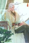  1boy absurdres alternate_hair_length_(longer) black_pants cat chair cherry_blossoms chinese_clothes chinese_commentary commentary_request dated day feet_out_of_frame hanfu highres indoors jewelry lattice long_hair long_sleeves looking_at_another love_and_deepspace male_focus official_alternate_costume official_alternate_hairstyle on_chair orange_background pants parted_bangs red_eyes sitting solo sylus_(love_and_deepspace) sylus_(shared_lanterns)_(love_and_deepspace) tree very_long_hair watermark weibo_username weibo_watermark white_hair white_hanfu yuanlingpao zhishuo418 
