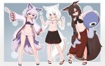 3girls absurdres alternate_costume animal_ear_fluff animal_ears bikini bikini_top_only black_skirt breasts brown_hair commentary commission dog_ears dog_girl dog_tail english_commentary flip-flops frilled_bikini frills full_body grey_hair highres holding imaizumi_kagerou inubashiri_momiji jewelry kokowoch long_hair looking_at_viewer medium_breasts medium_hair missing_headwear mitsugashira_enoko multicolored_hair multiple_girls multiple_tails navel necklace pendant purple_bikini purple_streaks red_eyes red_sarong red_skirt sandals sarong see-through_clothes see-through_sleeves skirt sling_bikini_top small_breasts stomach streaked_hair swimsuit tail toes touhou two-tone_skirt very_long_hair white_bikini wolf_ears wolf_girl wolf_tail 