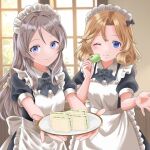  2girls alternate_costume apron black_dress blonde_hair blue_eyes commentary_request dress enmaided food frilled_apron frills grey_hair janus_(kancolle) javelin_(kancolle) kantai_collection loose_hair_strand macaron maid maid_headdress mikeneko_2828 multiple_girls one_eye_closed sandwich short_hair smile tray white_apron window 