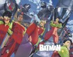  1girl absolute_batman absolute_dc bodysuit clay_mann collared_jumpsuit dc_comics dick_grayson_(absolute_dc) duke_thomas_(absolute_dc) green_track_suit highres jason_todd_(absolute_dc) jumpsuit mecha multicolored_jumpsuit multicolored_suit multiple_boys robin_(absolute_dc) robot stephanie_brown_(absolute_dc) super_robot superhero_costume taut_bodysuit tim_drake_(absolute_dc) track_suit two-tone_suit 