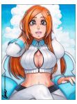  1girl arm_rest arm_up bleach bleach:_sennen_kessen-hen border breasts cleavage cleavage_cutout clothing_cutout cloud collared_shirt commentary cowboy_shot crop_top cropped_shirt crossed_legs cumulonimbus_cloud day detached_sleeves english_commentary grey_eyes hand_in_own_hair inoue_orihime large_breasts lips long_hair looking_at_viewer midriff navel omar_dogan open_mouth orange_hair partially_unzipped protected_link scan shirt signature sitting sky sleeveless sleeveless_shirt sleeves_rolled_up smile solo straight-on traditional_media white_border white_shirt white_sleeves 