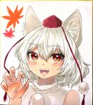  1girl :d absurdres animal_ear_fluff animal_ears blush claw_pose commentary_request grey_hair hair_between_eyes hat highres inubashiri_momiji mitsu~ open_mouth pink_nails pom_pom_(clothes) portrait red_hat single_claw_pose smile solo teeth tokin_hat touhou upper_teeth_only wolf_ears wolf_girl 