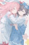  2girls absurdres bang_dream! bang_dream!_it's_mygo!!!!! blue_dress blue_hairband brown_eyes brown_hair chihaya_anon chinese_commentary closed_eyes closed_mouth commentary_request cowboy_shot detached_sleeves dress grey_hair hairband highres hug long_hair long_sleeves lying multiple_girls on_back on_side one_eye_closed pink_hair short_hair sleeping star_(symbol) takamatsu_tomori white_background yinxun404 