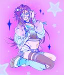  1boy asymmetrical_legwear banzoin_hakka banzoin_hakka_(5th_costume) belt bird_hair_ornament black_choker black_hands blue_eyes blue_hair blue_leg_warmers cellphone choker colored_extremities crop_top cross-laced_clothes cross-laced_shorts cross-laced_top eyepatch fishnet_top fishnets flip_phone food-themed_hair_ornament frilled_jacket frills full_body gradient_clothes gradient_jacket gradient_shirt hair_ornament hairclip hand_in_own_hair highres hip_piercing holding holding_phone holostars holostars_english jacket leg_warmers long_hair looking_at_phone male_focus midriff multicolored_hair navel official_alternate_costume onnnyx open_clothes open_jacket panty_straps phone piercing platform_shoes purple_background purple_hair seiza shirt shoes short_shorts shorts single_thighhigh sitting solo sparkle star_(symbol) star_hair_ornament strawberry_hair_ornament streaked_hair thigh_strap thighhighs tongue tongue_out torn_clothes torn_shirt torn_thighhighs trap virtual_youtuber white_streaks wing_hair_ornament yami_kawaii 
