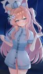  1girl animal_ear_fluff animal_ears blue_archive blue_eyes cat_ears cat_girl commentary_request condom condom_wrapper dress flower hair_flower hair_ornament hair_ribbon halo hat highres holding holding_condom long_hair mari_(blue_archive) no_panties nurse nurse_cap nuuuukoame one_side_up orange_hair ribbon solo sweatdrop white_dress white_flower white_hat yellow_halo 